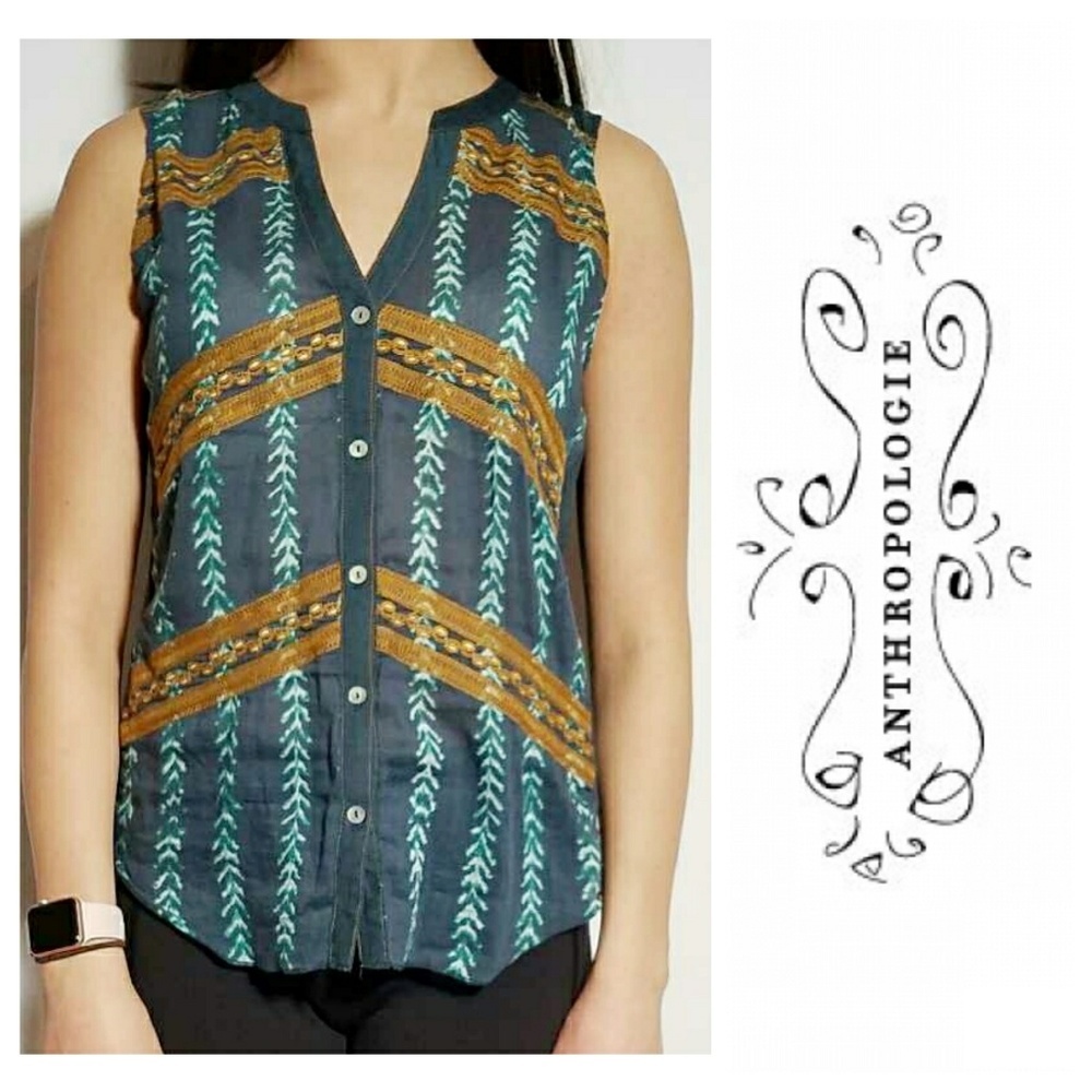 ANTHROPOLOGIE Embroidered Sleevess Blouse